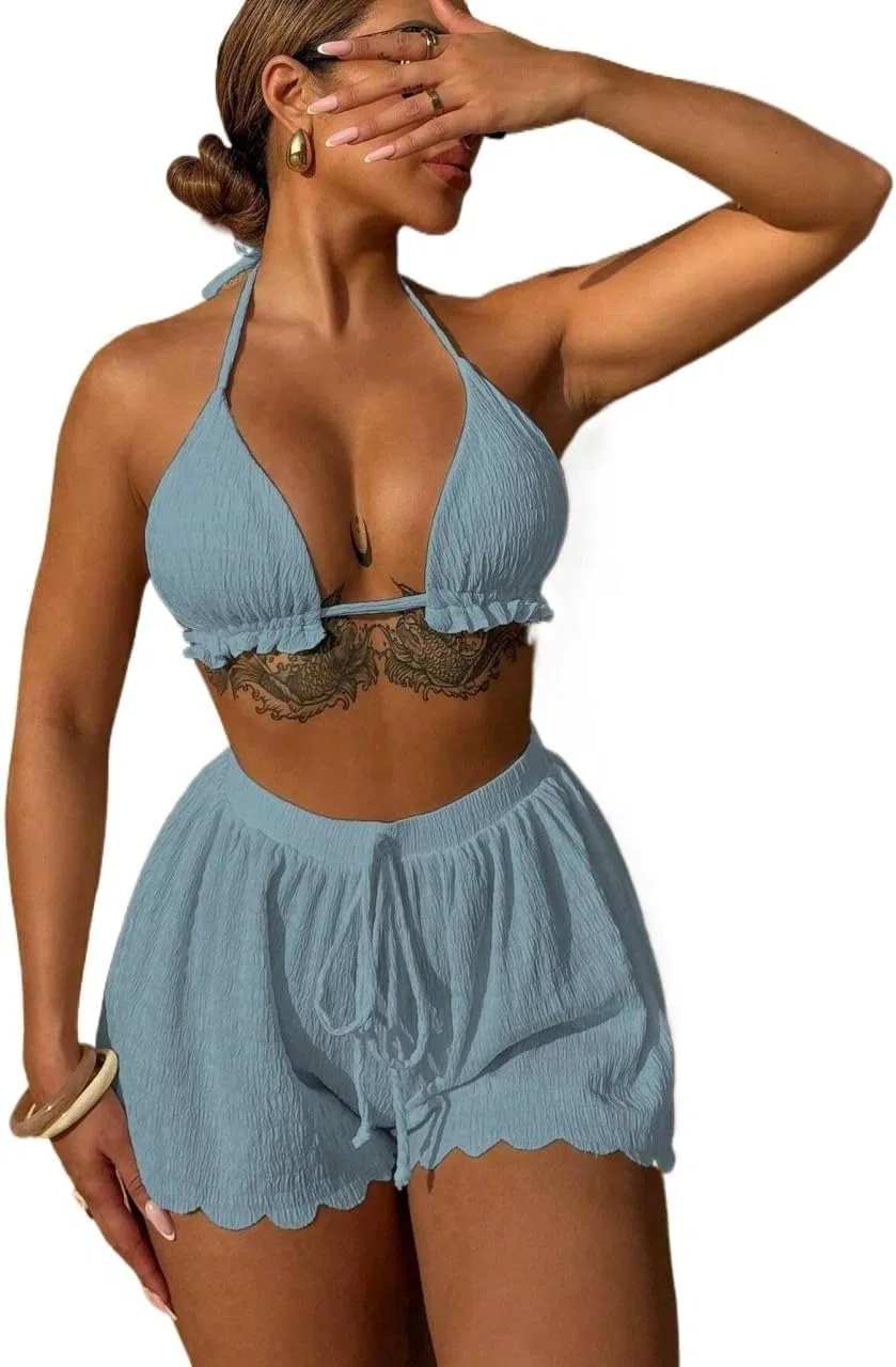 Женский бикини-комплект с рюшами, Backless Halter Tie, Blue
