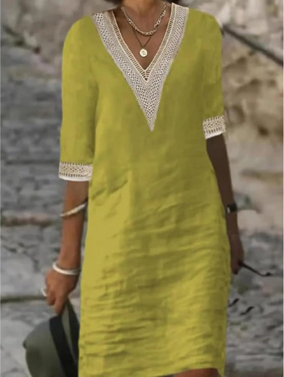 Женское летнее платье миди с V-образным вырезом Cotton Linen, Yellow — фото 2
