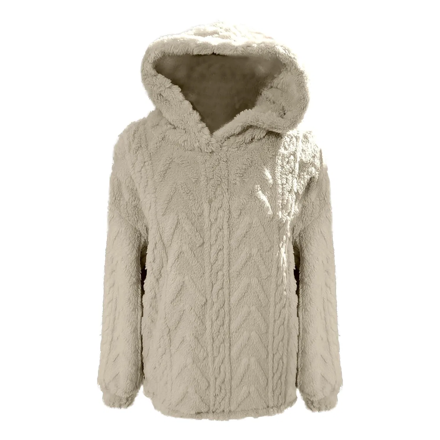Женское зимнее пальто с капюшоном из флиса, Beige — фото 3