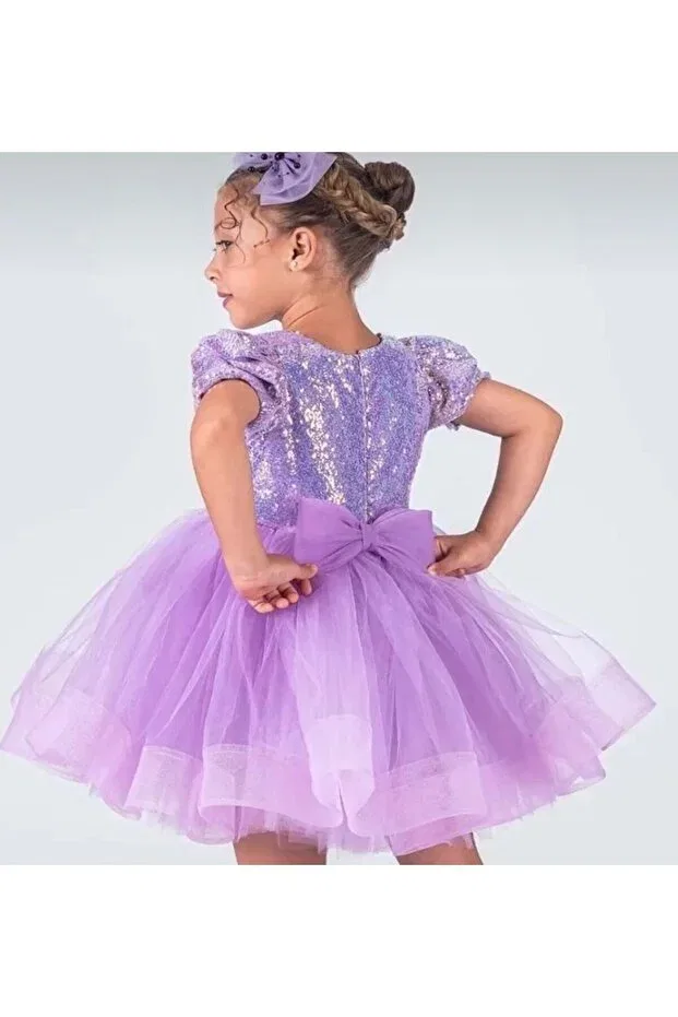 Детское платье для девочек с пайетками Kuromi purple sequined fluffy dress wedding dress costume + 2pcs purple bubble hair set 3B Kids, Purple — фото 4