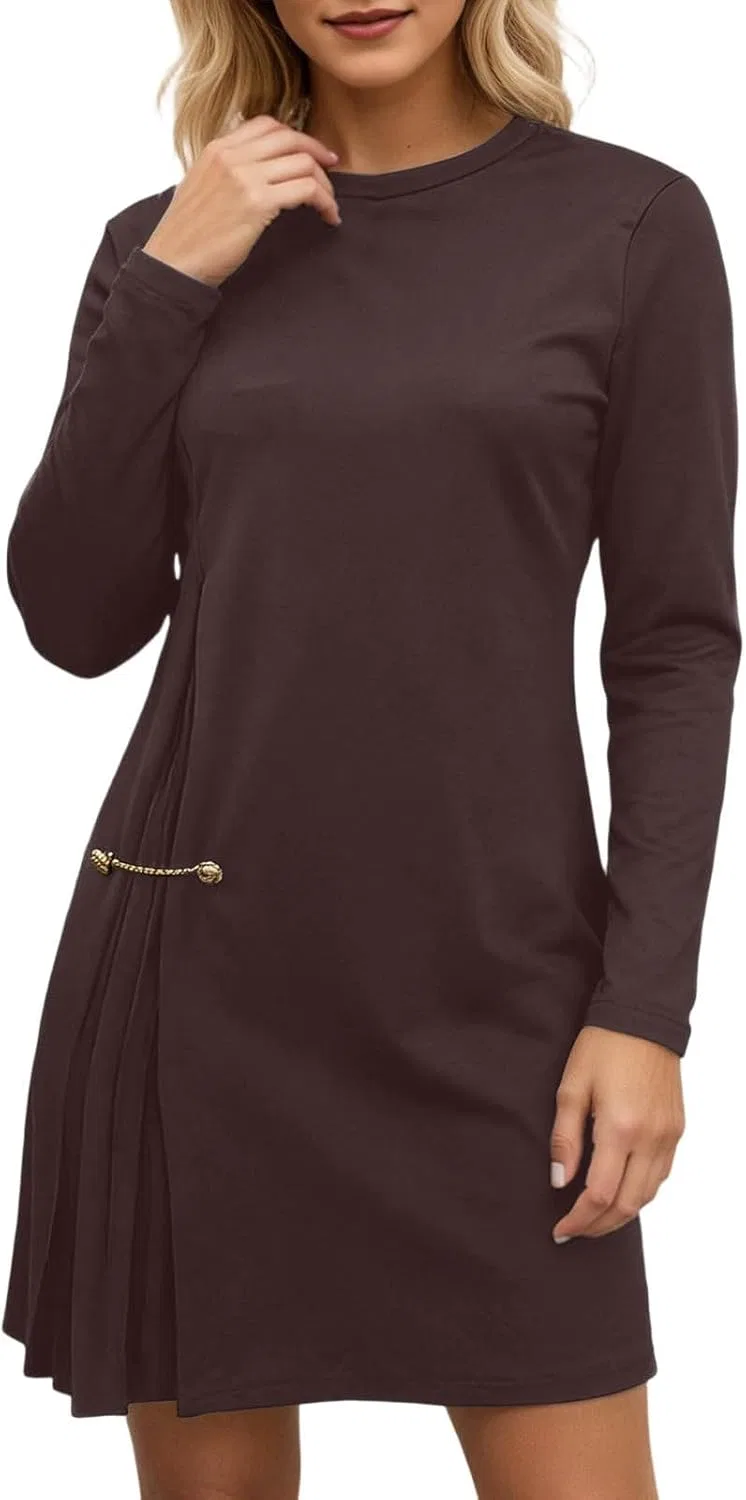Женское платье-трапеция с длинным рукавом Elegant Long Sleeve Pleated Panel Dress, коричневый