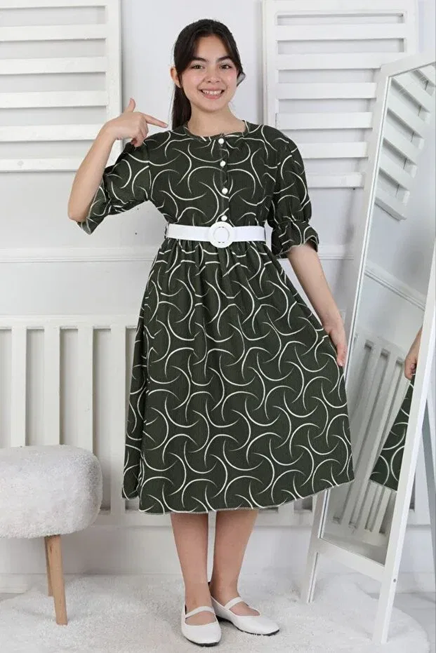 Детское платье для девочек с коротким рукавом Buttoned belted wrinkled fabric eid girl's khaki dress aby194 Abiyekids, Hakidesen