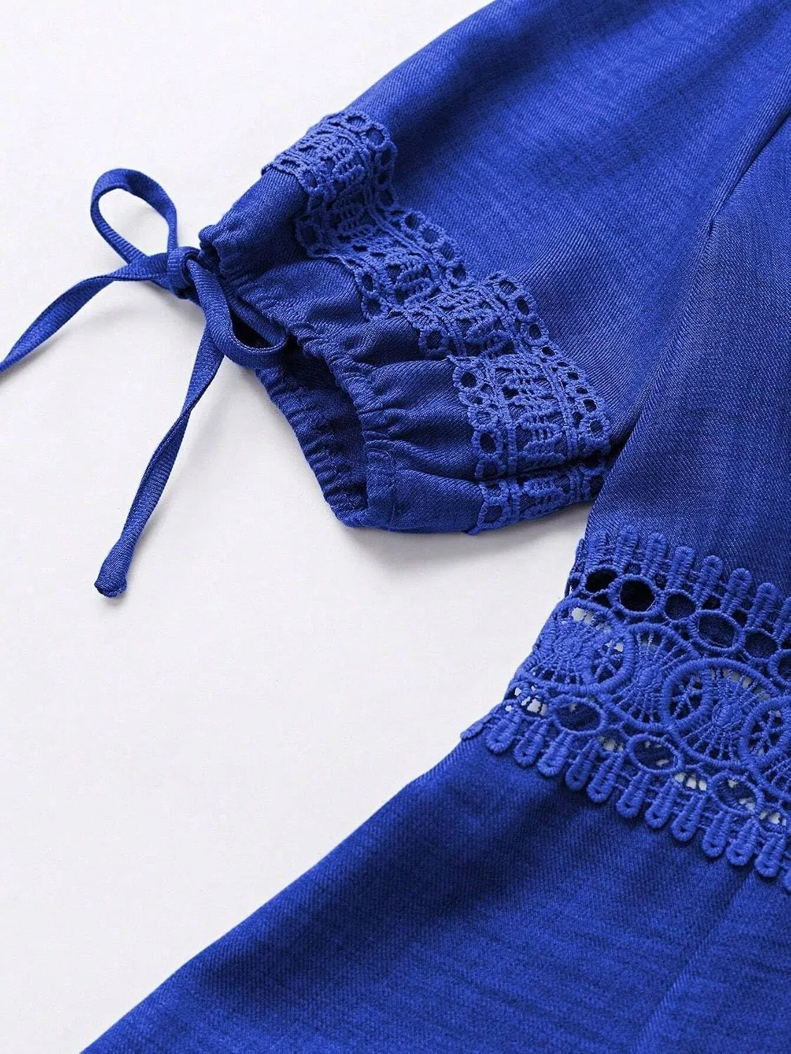 Женское повседневное платье A-силуэта с кружевом, Short Sleeve V Neck Dress, Royal Blue — фото 4