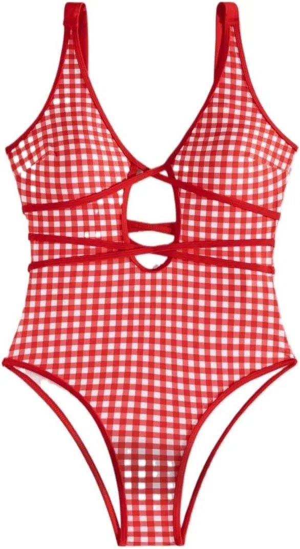 Женский монокини с вырезами V-образным вырезом, Gingham, Multicolor