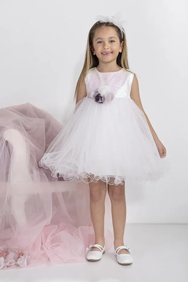 Детское платье для девочек с пайетками Minimony, White