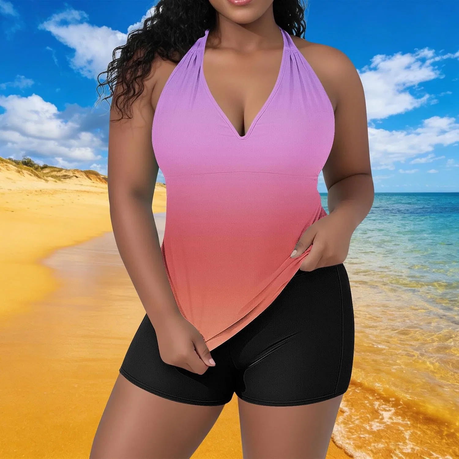 Женский танкини с шортами и эффектом утяжки Plus Size, Watermelon Red — фото 2