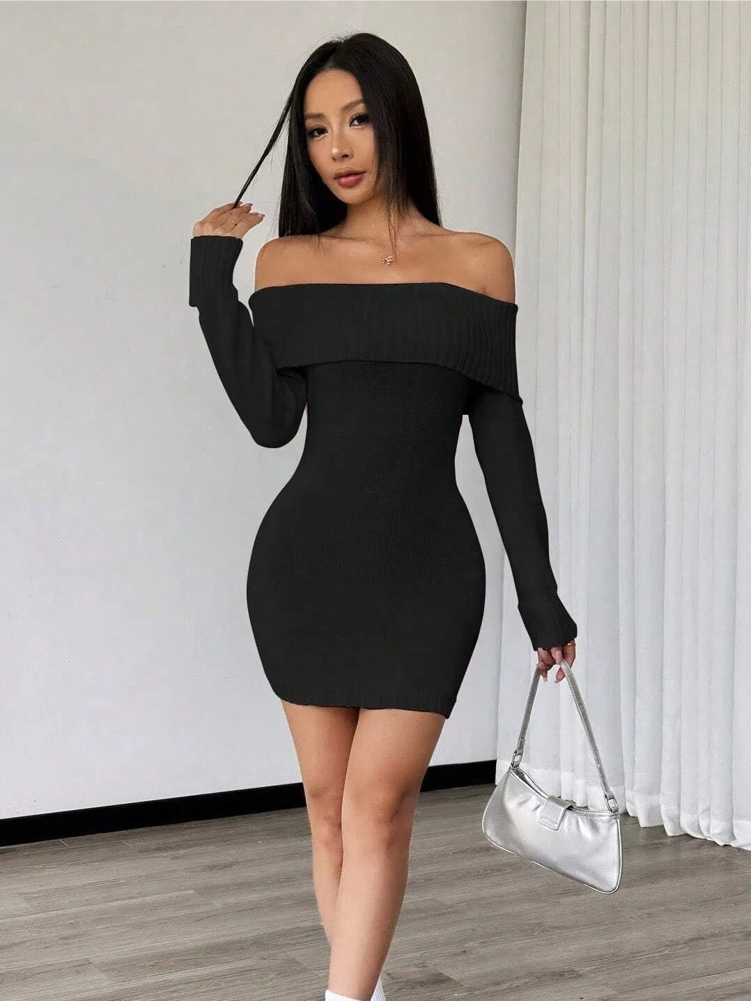 Женское короткое платье-свитер офф-шолдер Bodycon, Black — фото 4
