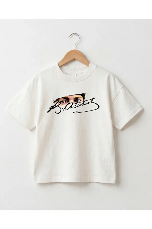 Детская футболка оверсайз с принтом Ataturk signed eye detail printed unisex oversize t-shirt Babytex, Ecru