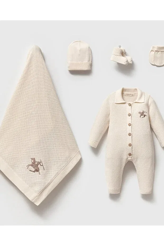 Детский комплект одежды для новорожденных мальчиков с вышивкой Ciritli horse embroidered knitwear Mert Baby, Nude Color — фото 2