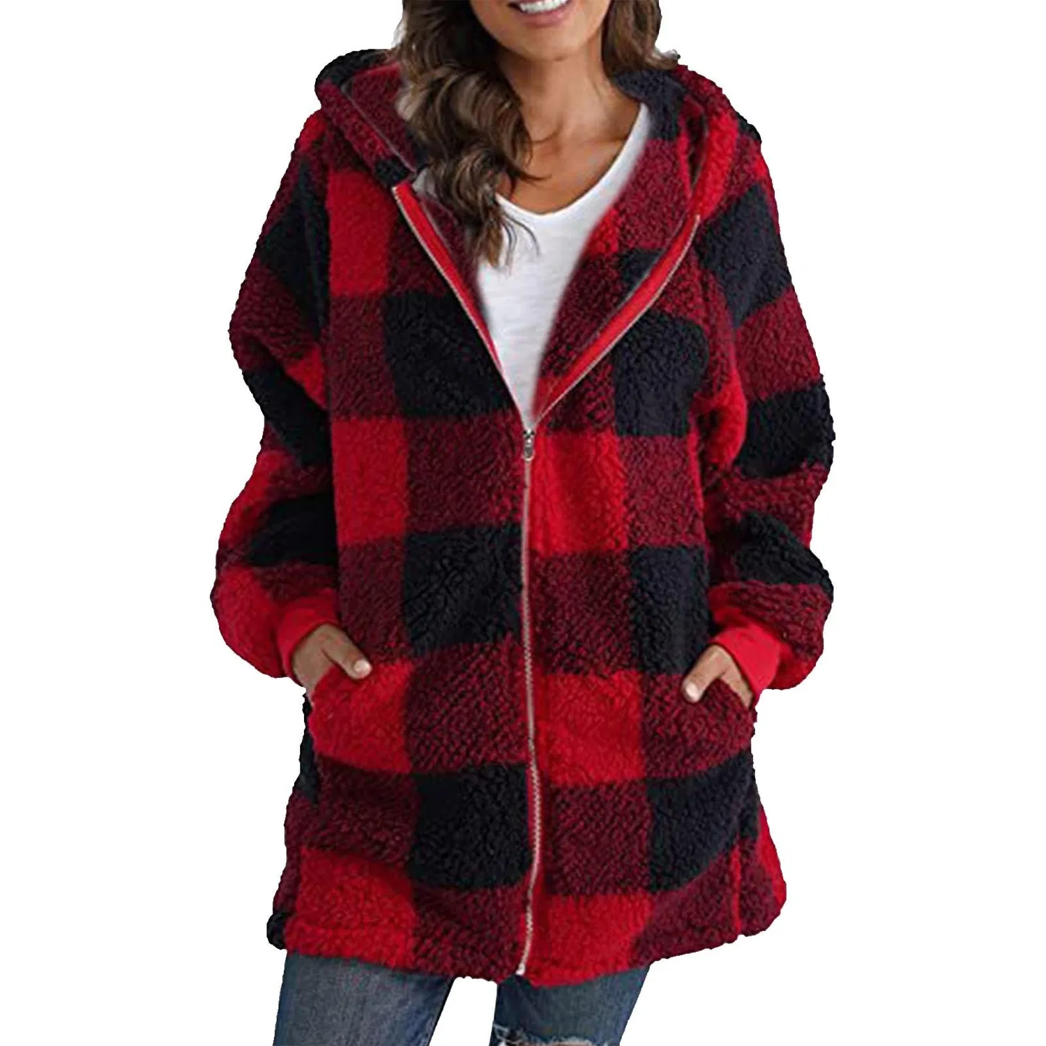 Женское пальто с капюшоном в клетку Oversize Fluffy Checked Flannel, Rosso