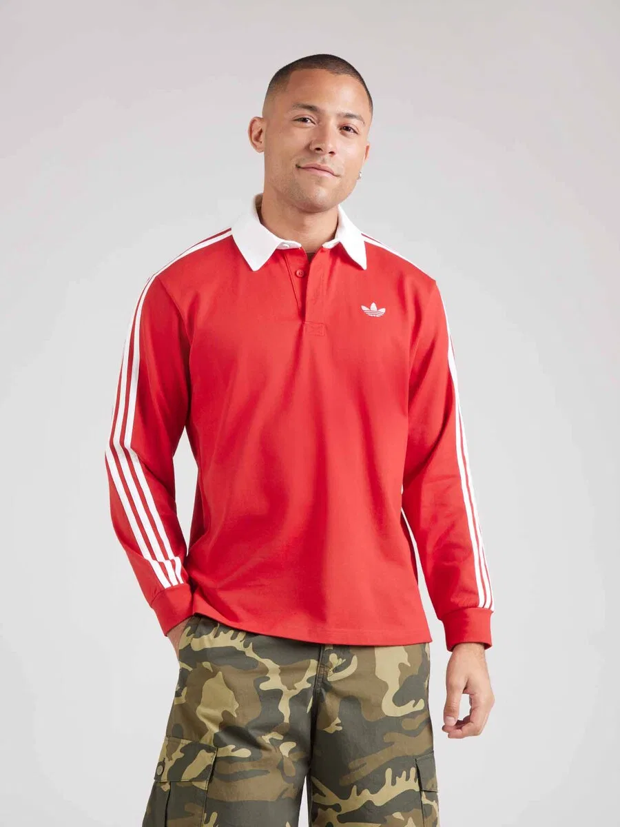 Футболка ADIDAS ORIGINALS '3-Stripes Rugby Longsleeve' красного цвета — фото 2