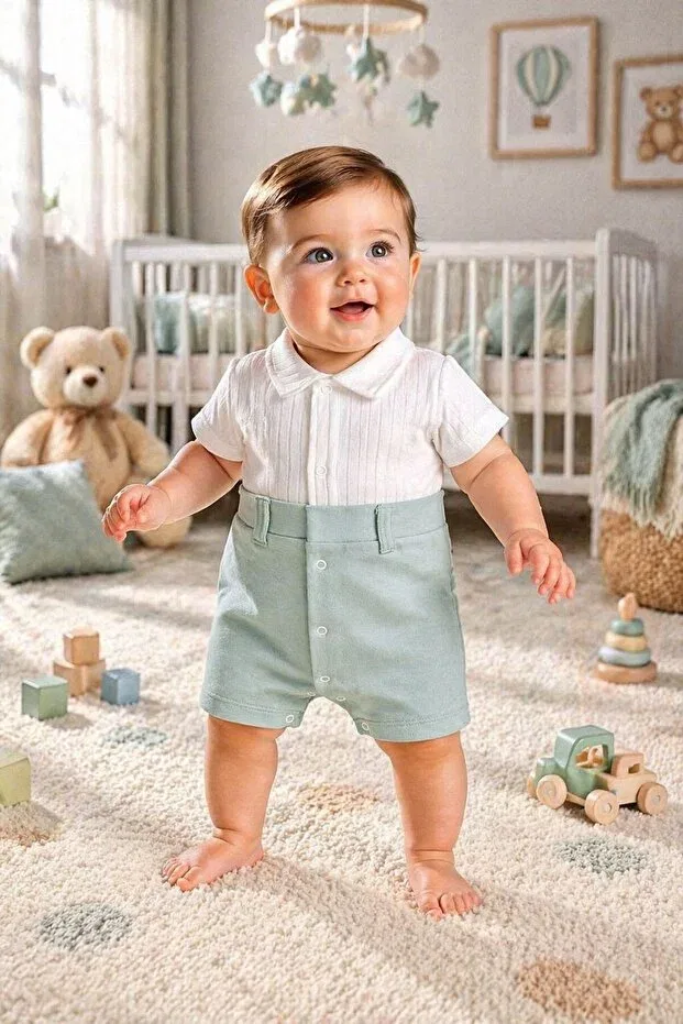 Детский комбинезон для мальчиков хлопковый Premium jacquard 100% cotton baby boy romper My Balloon Baby & Kids, Mint — фото 2