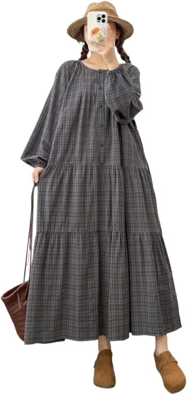 Женское платье-трапеция с длинным рукавом, Vintage Plaid Ruffles, серый