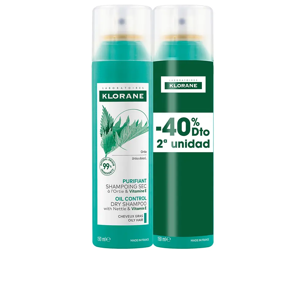 

Шампунь A la ortiga champú seco seborregulador para cabello graso pack Klorane, 2 x 150 мл.