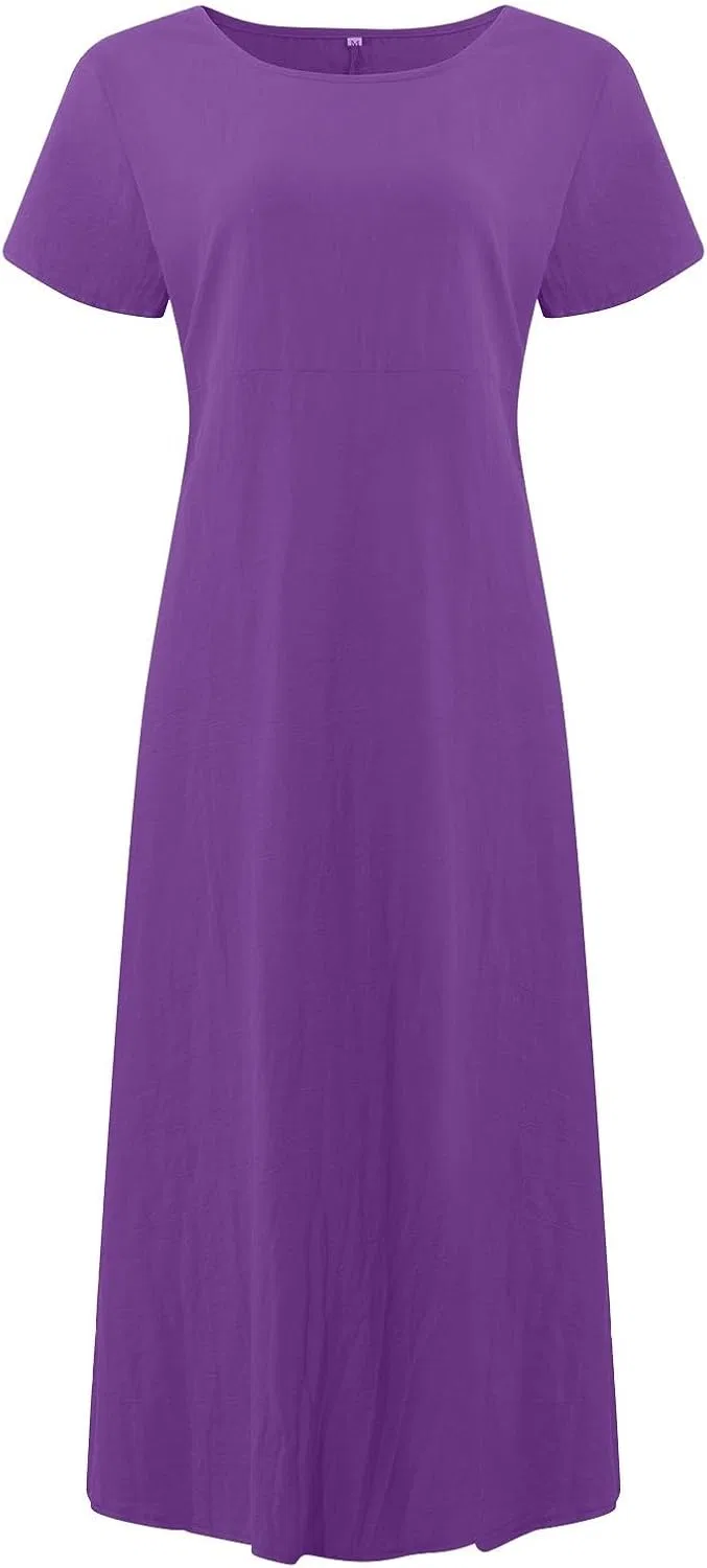 Женское макси-платье свободное с воротником-стойкой Linen Dress, Purple — фото 4