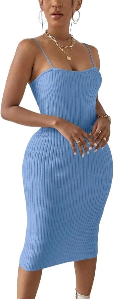 Женское облегающее платье миди с открытой спиной Rib-Knit, Blue