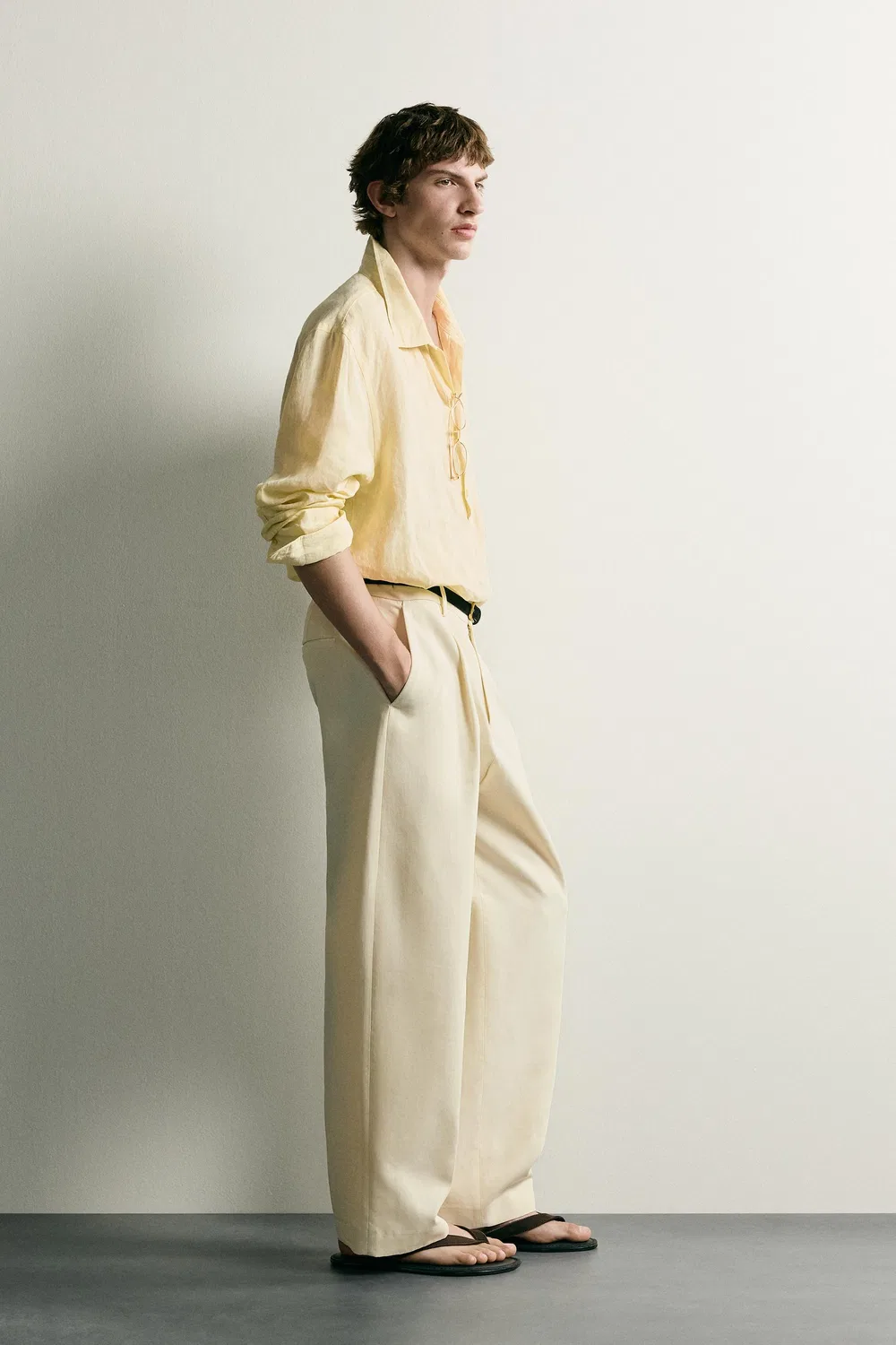Поло из 100% льна ZARA, Pastel yellow — фото 4