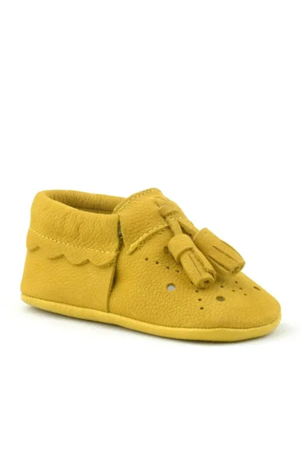Детские ботиночки для девочек с кисточками Peppa genuine leather yellow tasseled elastic baby booties Hapshoe, Yellow — фото 3