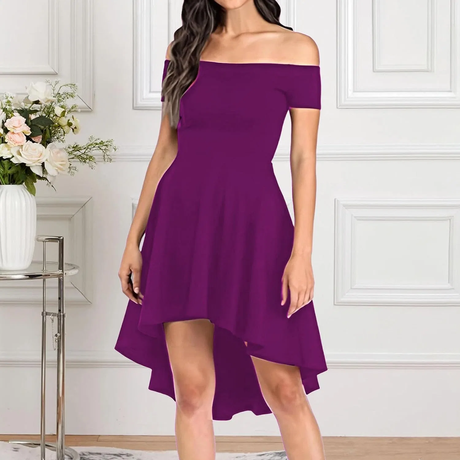 Женское коктейльное платье с открытыми плечами, Purple — фото 2