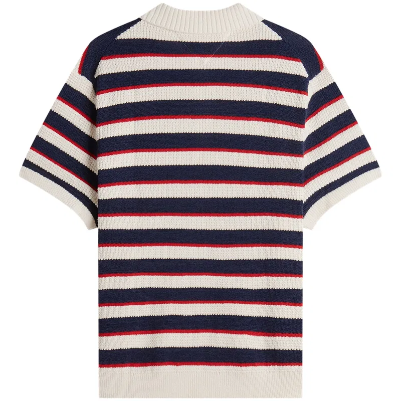 Мужской свитер с полоской и воротником-поло Tommy Hilfiger, Beige White Navy Blue Red Stripes 0FA — фото 4