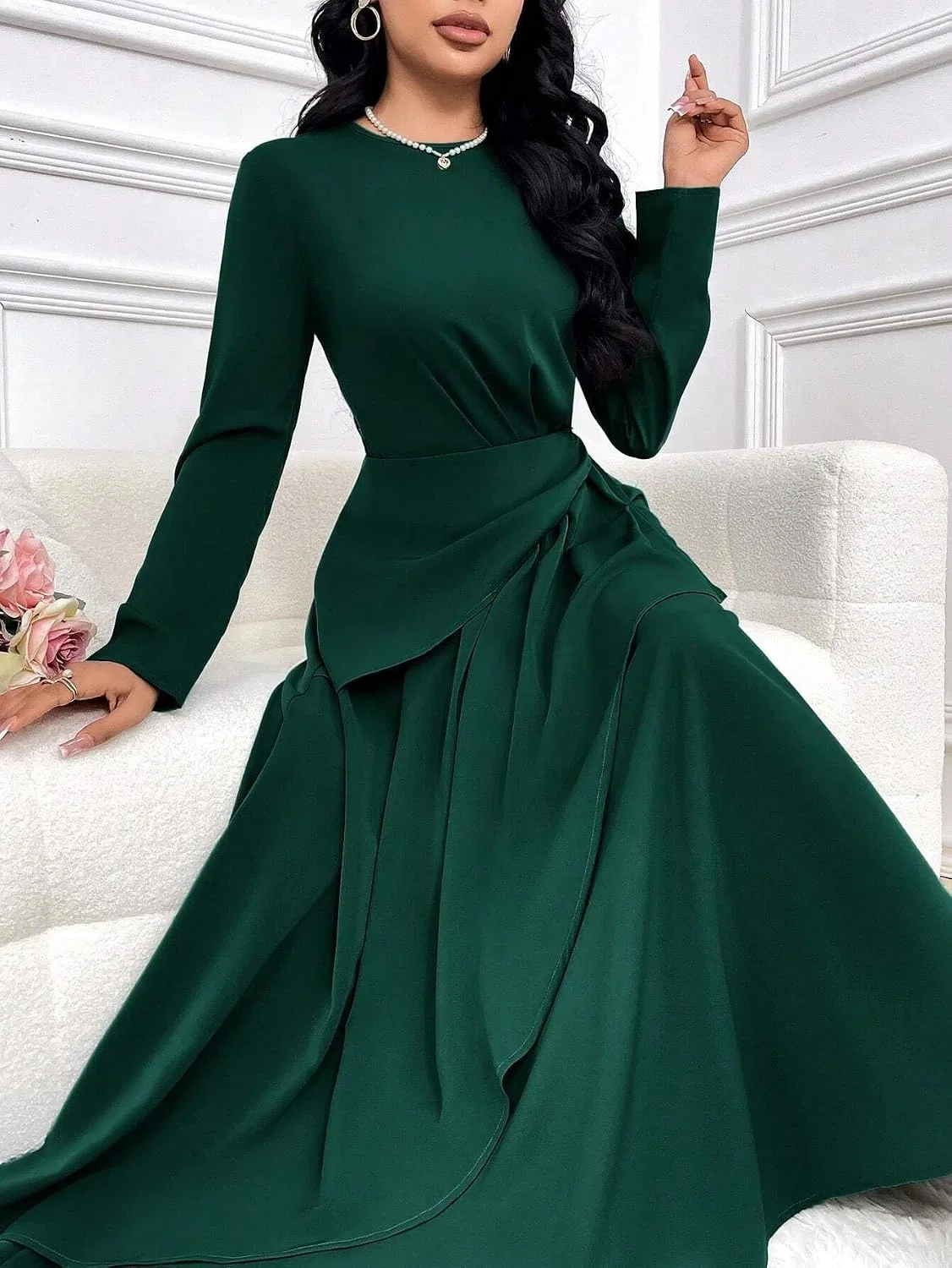 Женское A-силуэта макси платье с длинным рукавом, Dark Green — фото 4