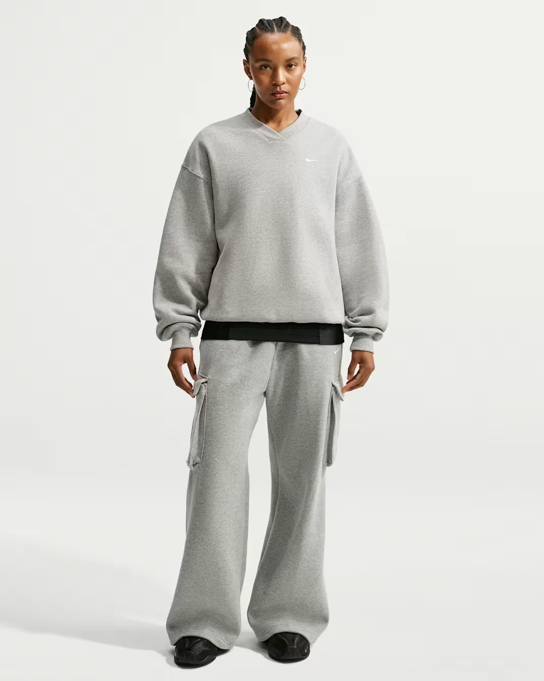 Женская свободная кофта с V-образным вырезом Nike Studio Fleece Medium Weight, Dark Grey Heather/Sail — фото 4