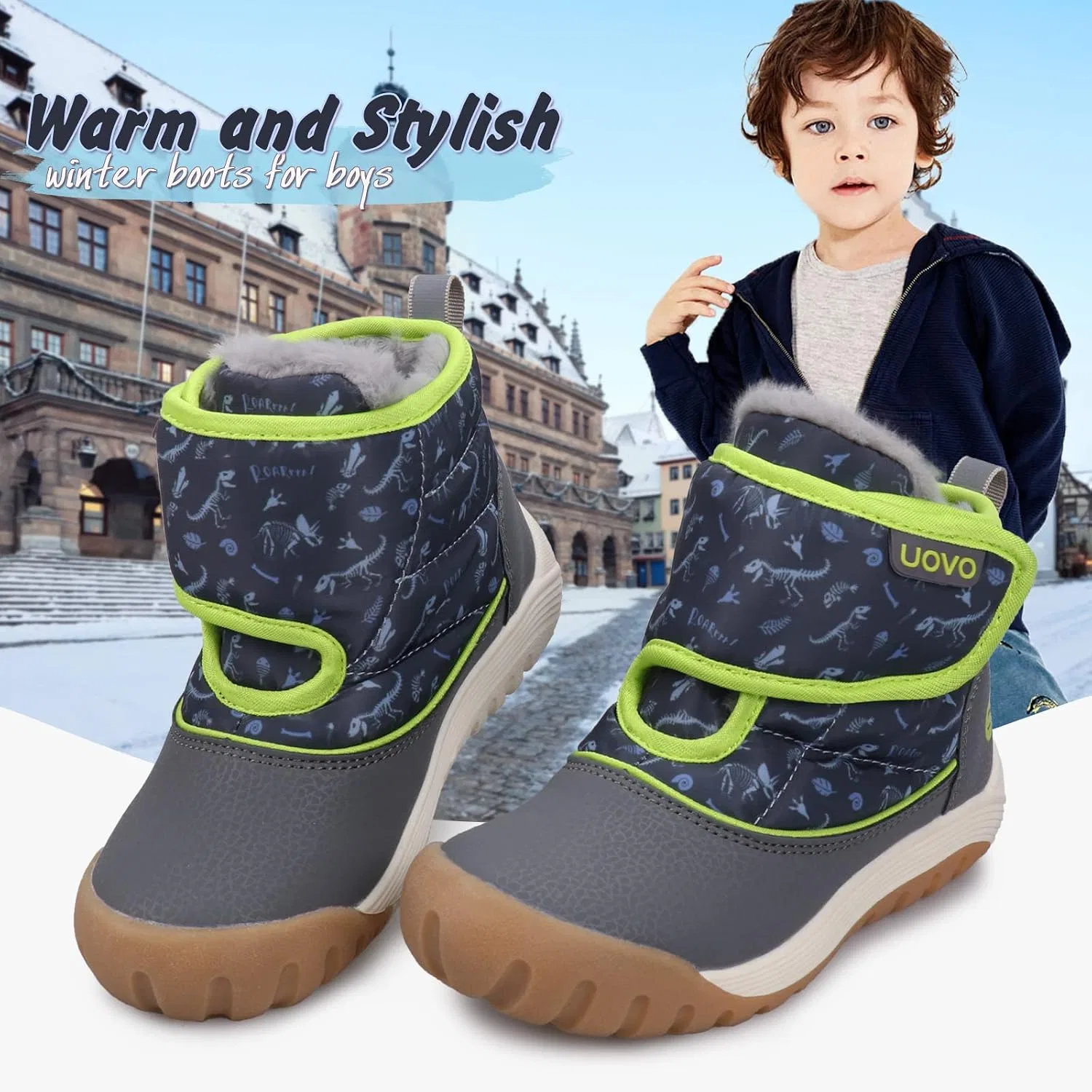Детские зимние ботинки для мальчиков с мехом UOVO, Navy Blue/Green — фото 2