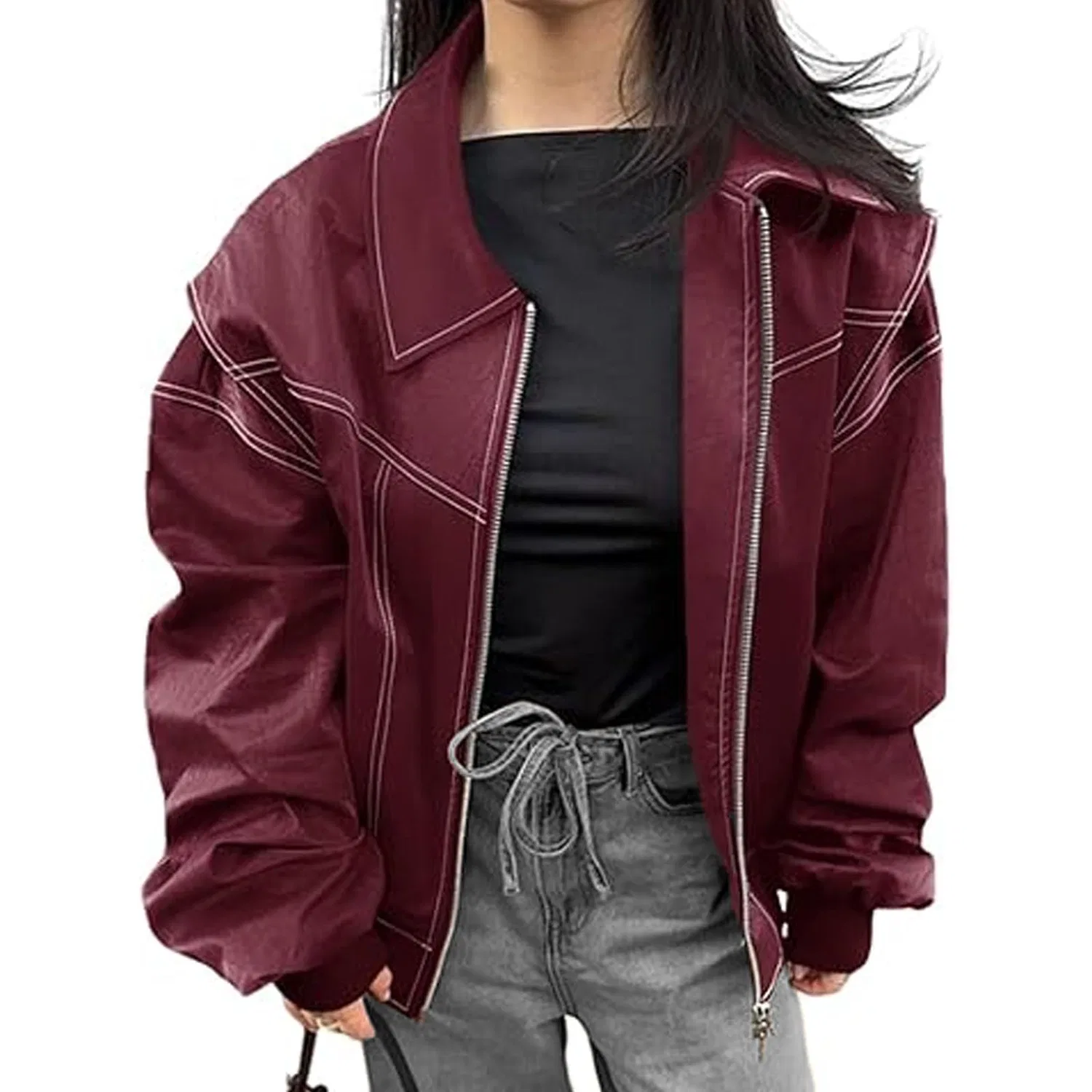 Женская куртка-бомбер Oversized Faux Leather Zip Up Winter Coat, red wine — фото 2