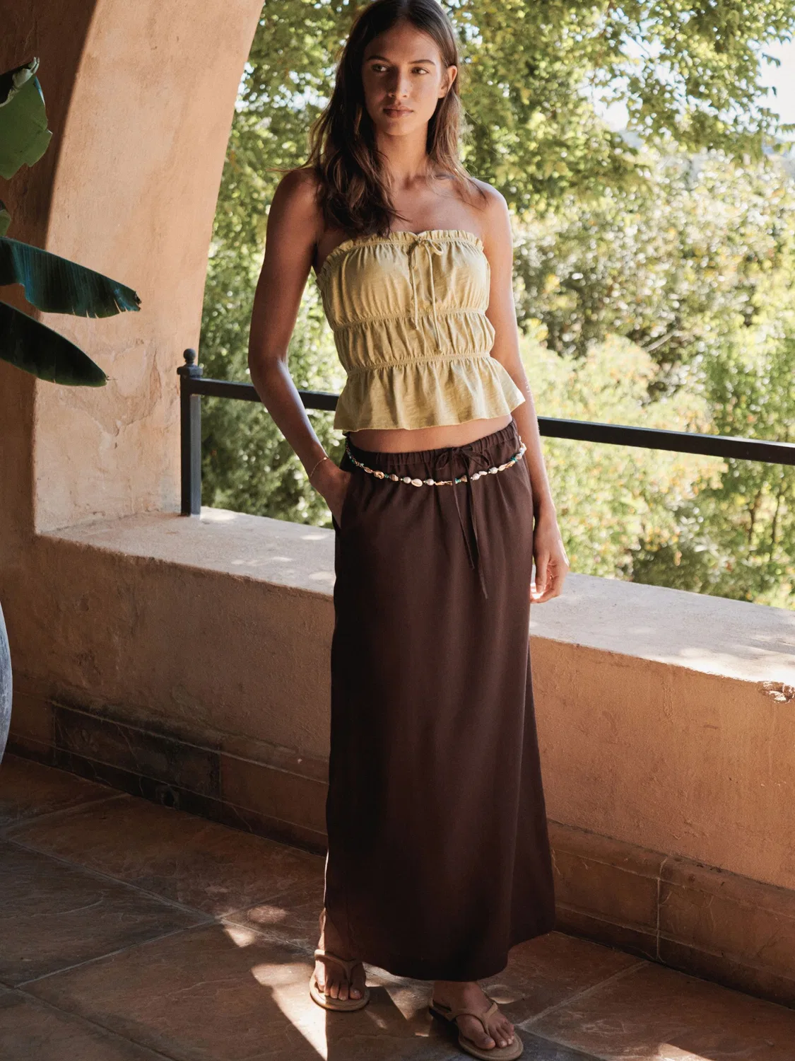 Юбка миди с льном, полосатая, Chocolate Brown Midi Skirt With Linen Next, шоколадный коричневый