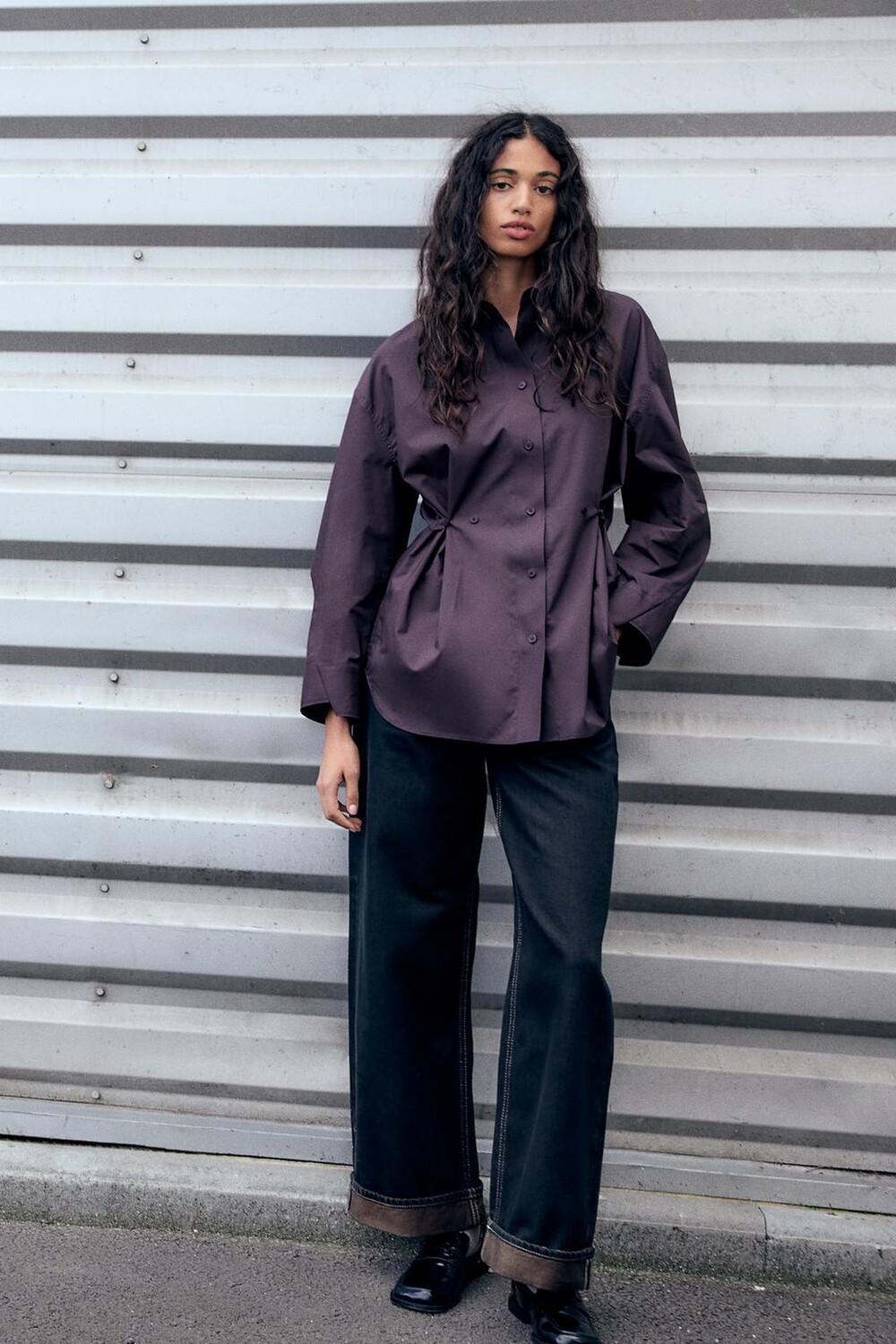 

Регулируемая рубашка оверсайз ZARA, темно-бордовый