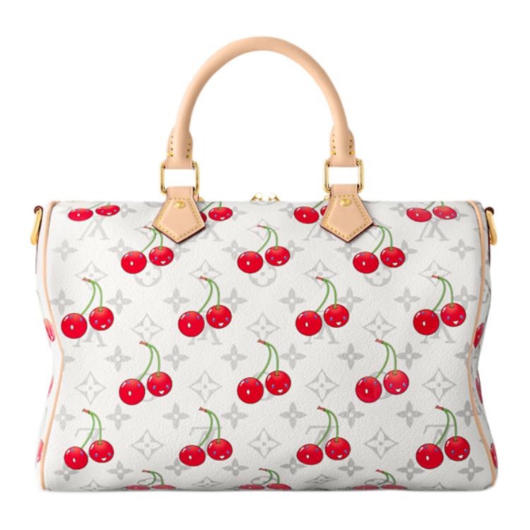 LOUIS VUITTON Сумка-шоппер Takashi Murakami Cherry Speedy Soft Bandouliere 30 белая с монограммой — фото 3