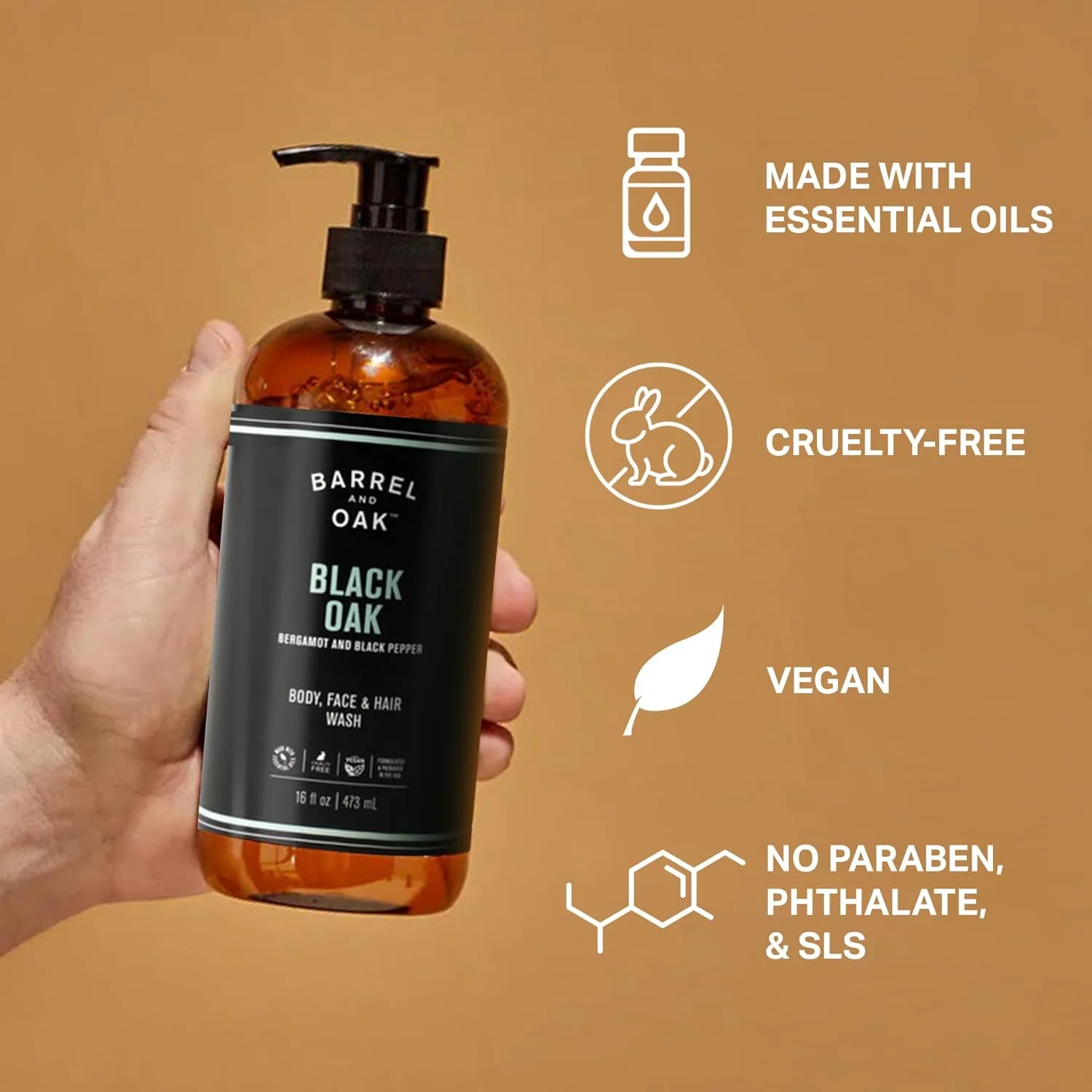 Barrel & Oak All-in-One Wash для лица, волос и тела, веганский увлажняющий гель для мужчин, набор для ухода, Black Oak, 16 унций 473 мл (1 шт.), white — фото 4
