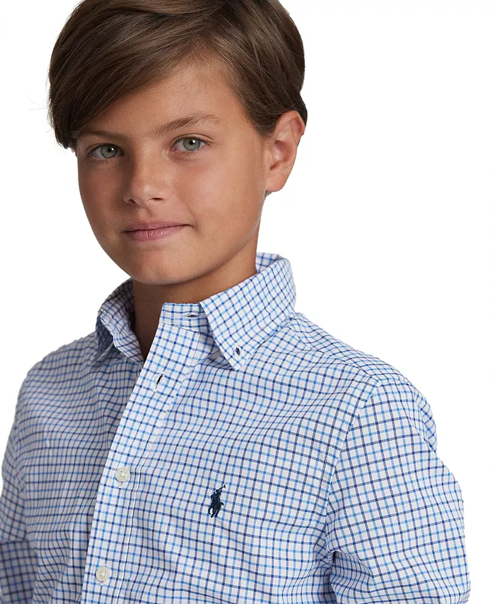 Рубашка из хлопкового поплина в клетку для мальчиков Big Boys Polo Ralph Lauren, синий — фото 3