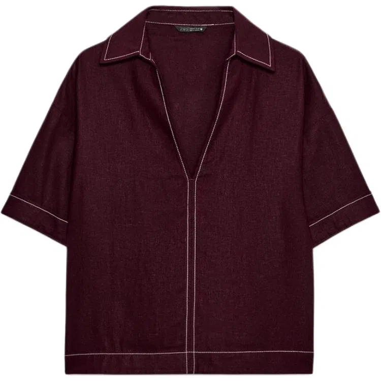 Женская рубашка с V-образным вырезом Burgundy Red ZARA, Burgundy