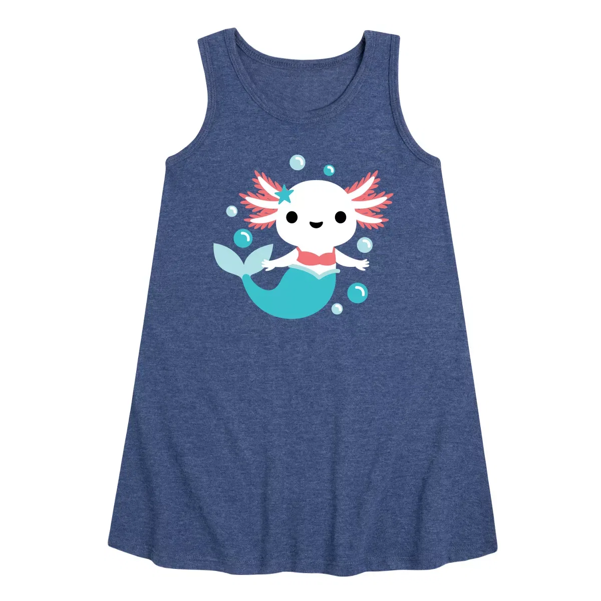 Детское платье-трапеция без рукавов с принтом Axolotl Mermaid Instant Message, Heather Navy