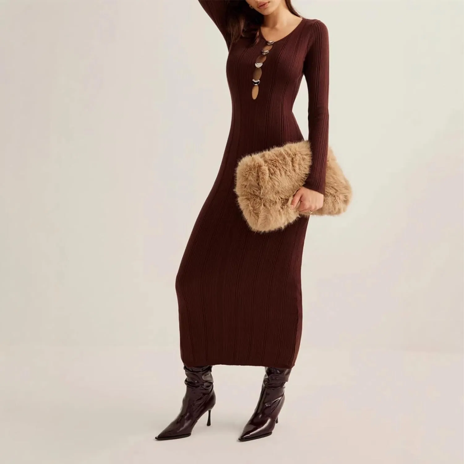 Женское платье-свитер с вырезами bodycon Ribbed Knit, Dark Brown — фото 3