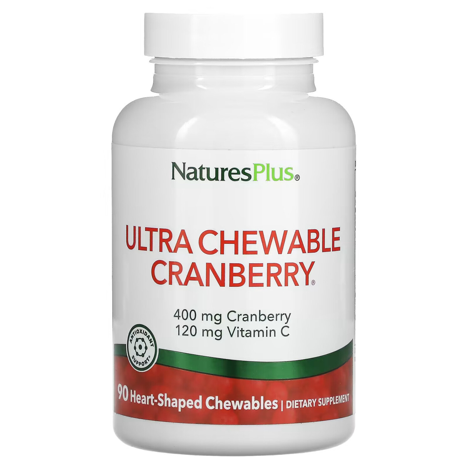 

NaturesPlus, Ultra Chewable Cranberry с витамином C, клюква / клубника, 90 жевательных ягод