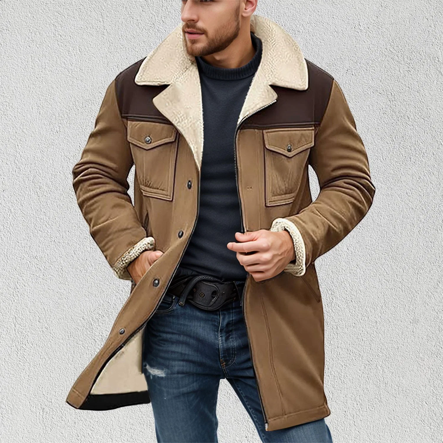Мужское зимнее пальто с принтом в клетку из искусственной кожи, dark khaki — фото 3
