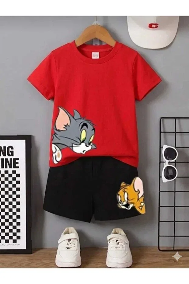 Детский комплект свитшота и брюк с принтом для девочек tom and jery Nice Clothes, Bottom Black, Top Red