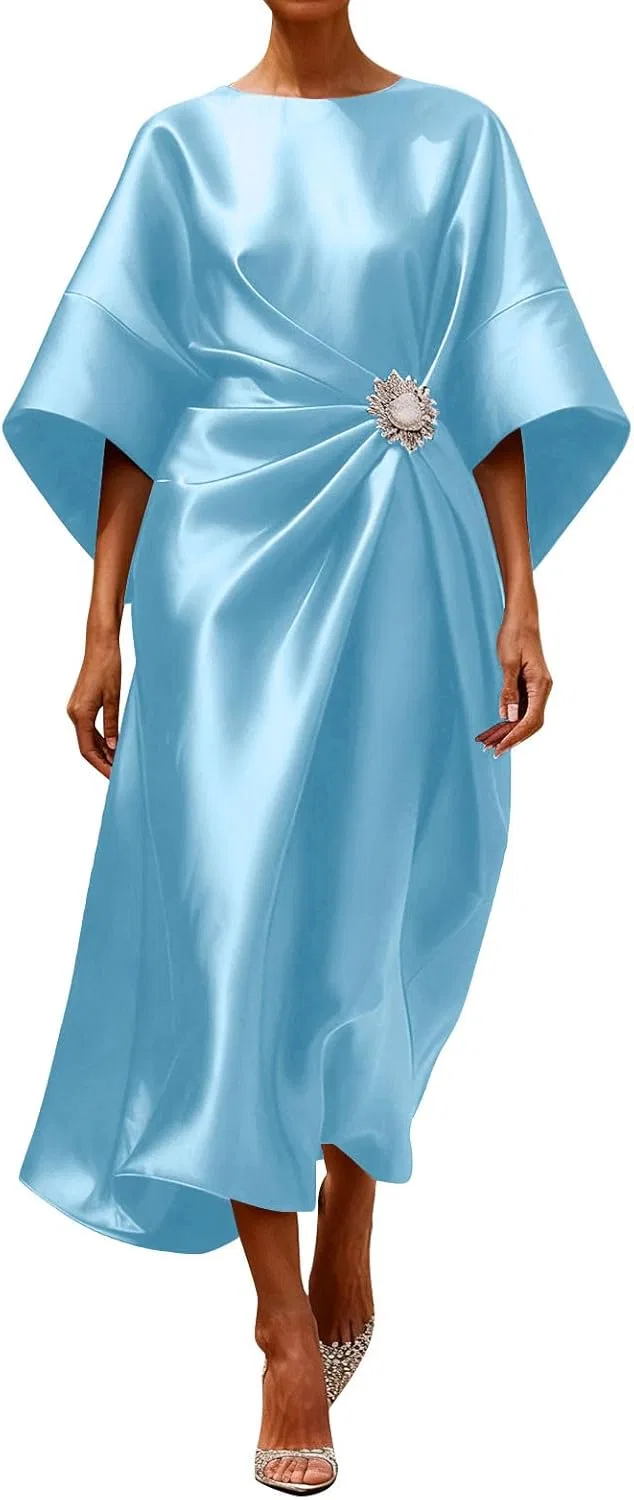 Женское длинное элегантное платье с жемчужными цветами Boat Neck Satin, Sky Blue