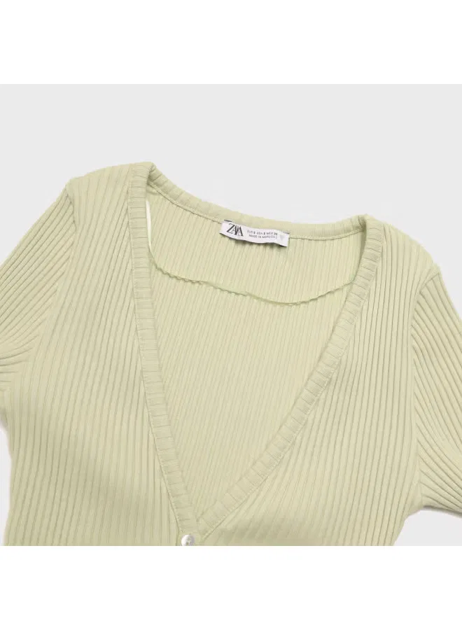 Кардиган с длинным рукавом и V-образным вырезом Zara, зеленый — фото 4