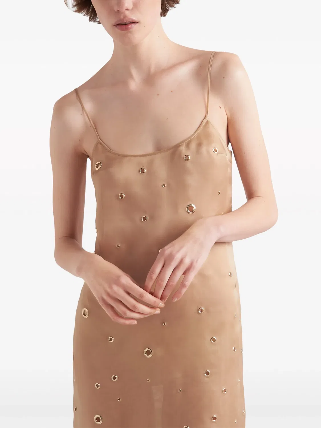 Платье миди из органзы с деталями в стиле eyelet Prada, нейтральные — фото 3