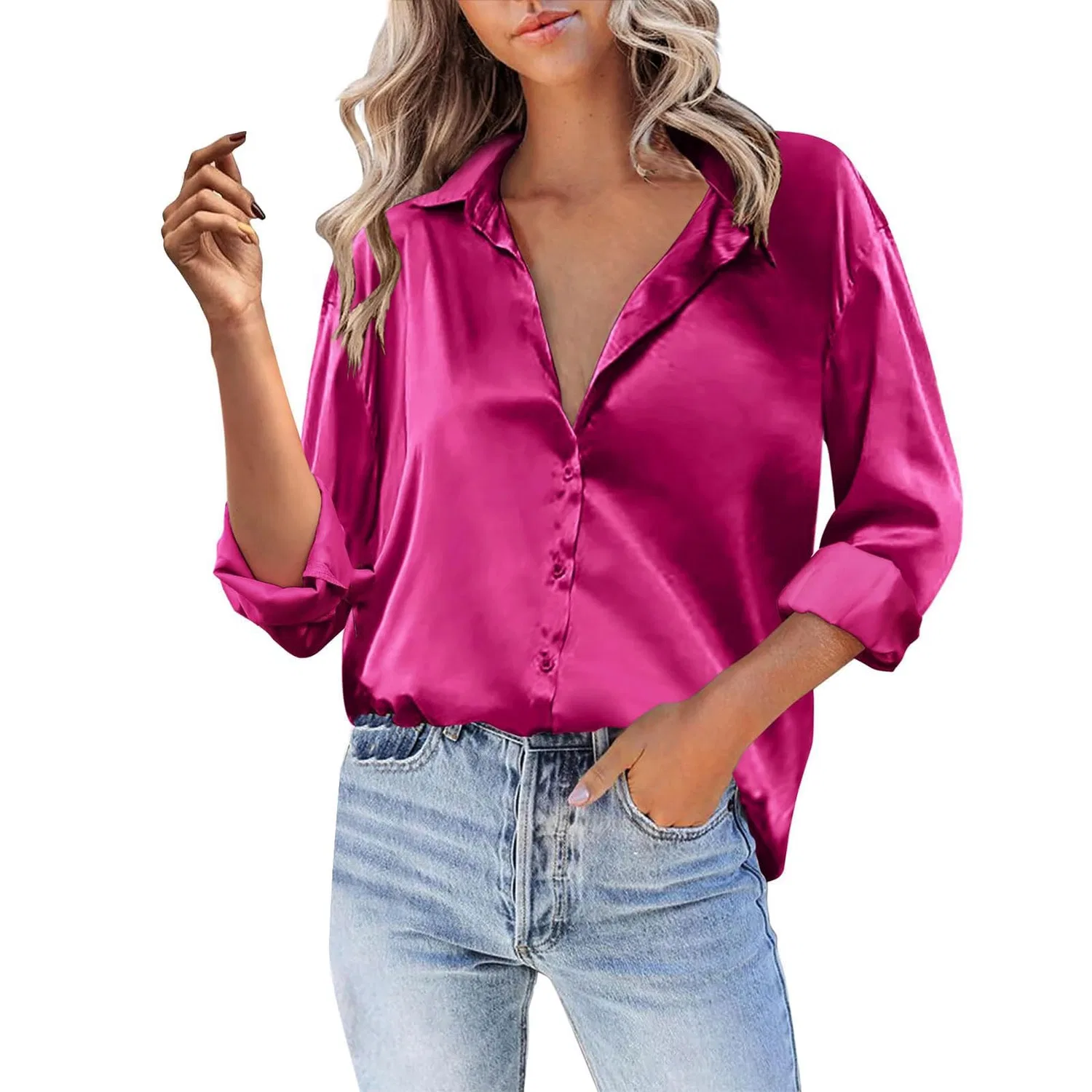 Женская блузка из атласа с длинным рукавом V-образным вырезом, Hot Pink