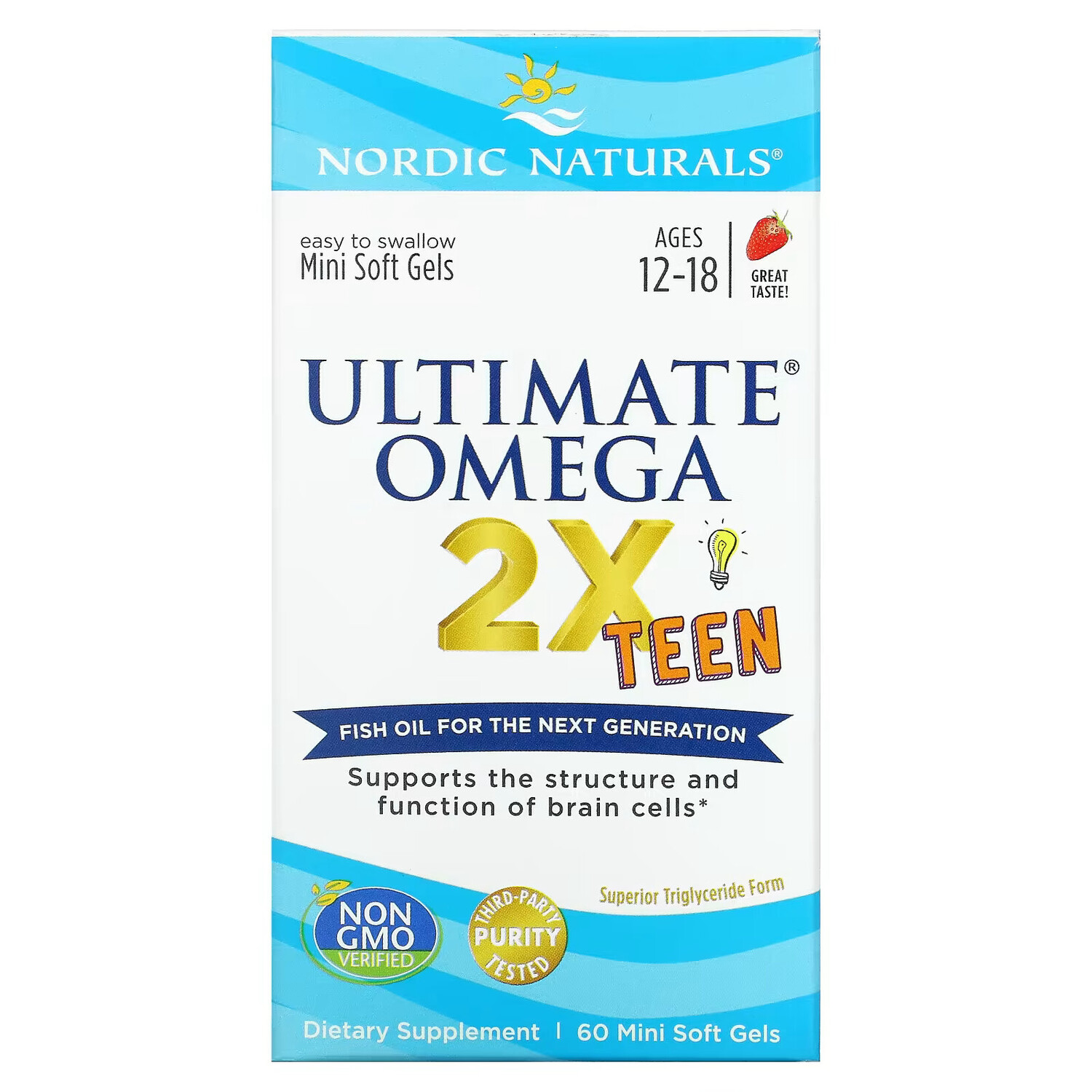 

Nordic Naturals, Ultimate Omega 2X Teen, для подростков от 12 до 18 лет, со вкусом клубники, 60 мини-капсул