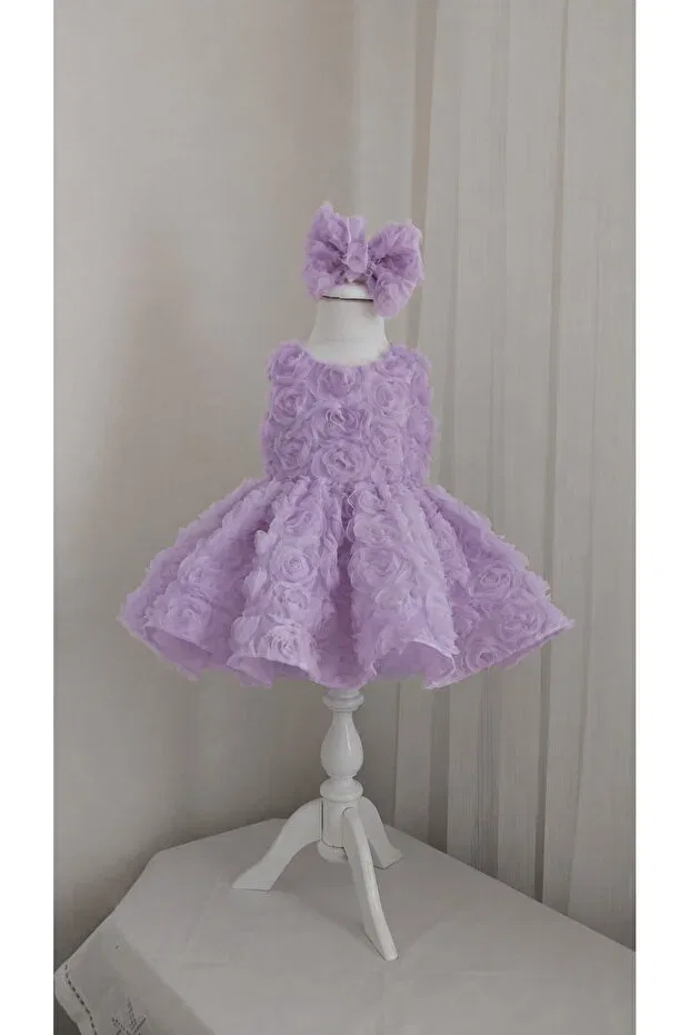 Детское платье для девочек с принтом Lilac 3d Rose Detailed Puffy Girl's Evening Dress Queen Tasarım, Pink — фото 2