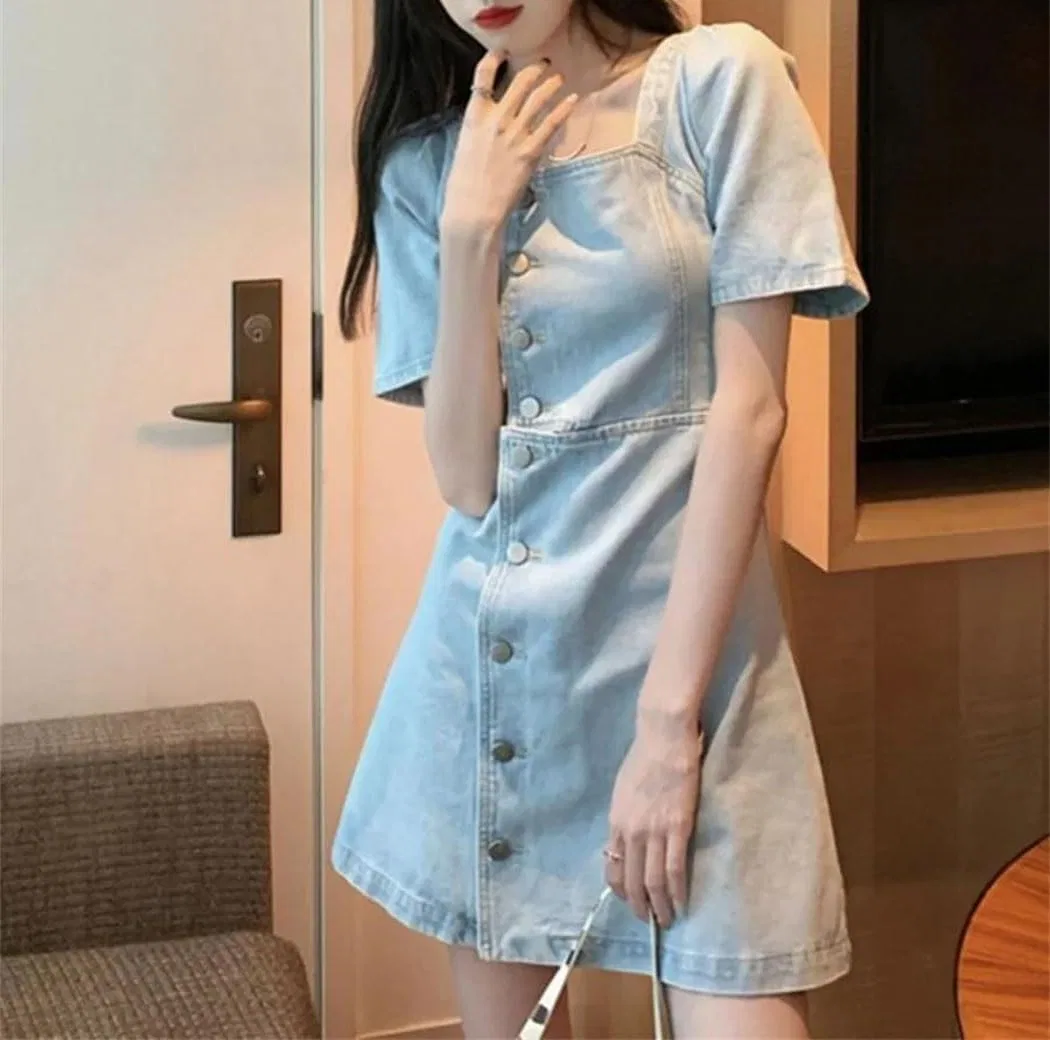 Женское джинсовое платье с открытыми плечами Retro, Blue — фото 4