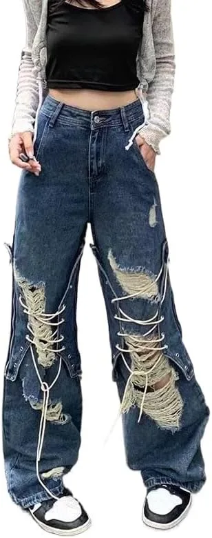 

Y2K стритвир прямые брюки женские рваные багги джинсы high waist широкие штаны Pbkabiug