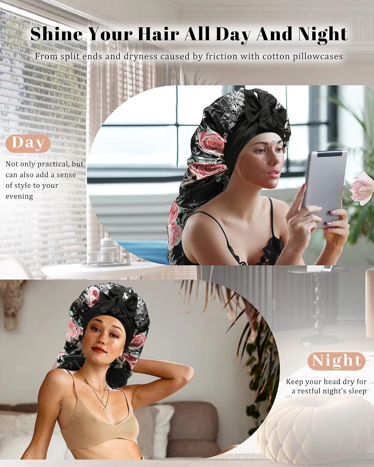 Шапочка для душа двойная сатиновая для длинных волос CHLINS, Black + Pink Rose — фото 4