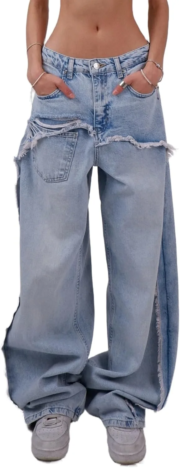 

Женские прямые джинсы High Waist Loose Wide Leg Pant Blue Distressed Casual Y2k Qianshuiwan