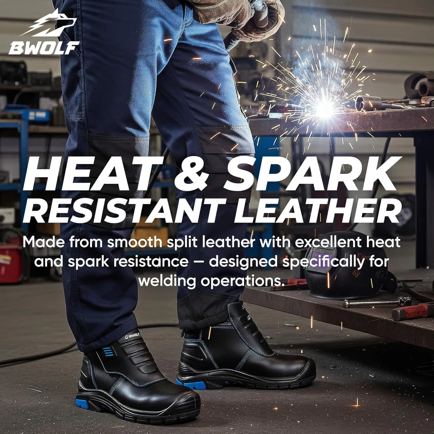 Огнестойкие рабочие ботинки BWOLF Welder Pro HI S3, нескользящая подошва из полиуретана/резины, термостойкая кожа, Black — фото 3